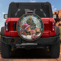 Baby Reindeer stained glass spare tire cover on red Bronco sleeping pink hat fawn Christmas tree