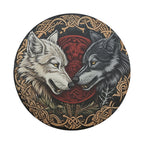 Skoll and Hati Viking wolves spare tire cover installed on rear of Jeep
