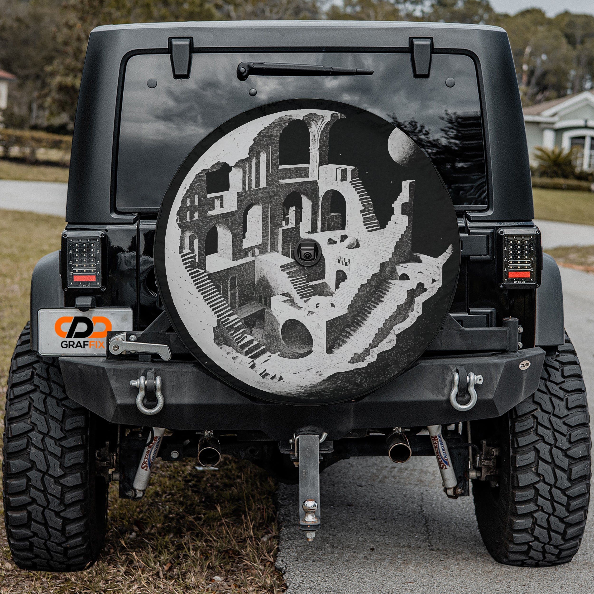 Planetary labyrinth spare tire cover with celestial maze pattern and cosmic planet design