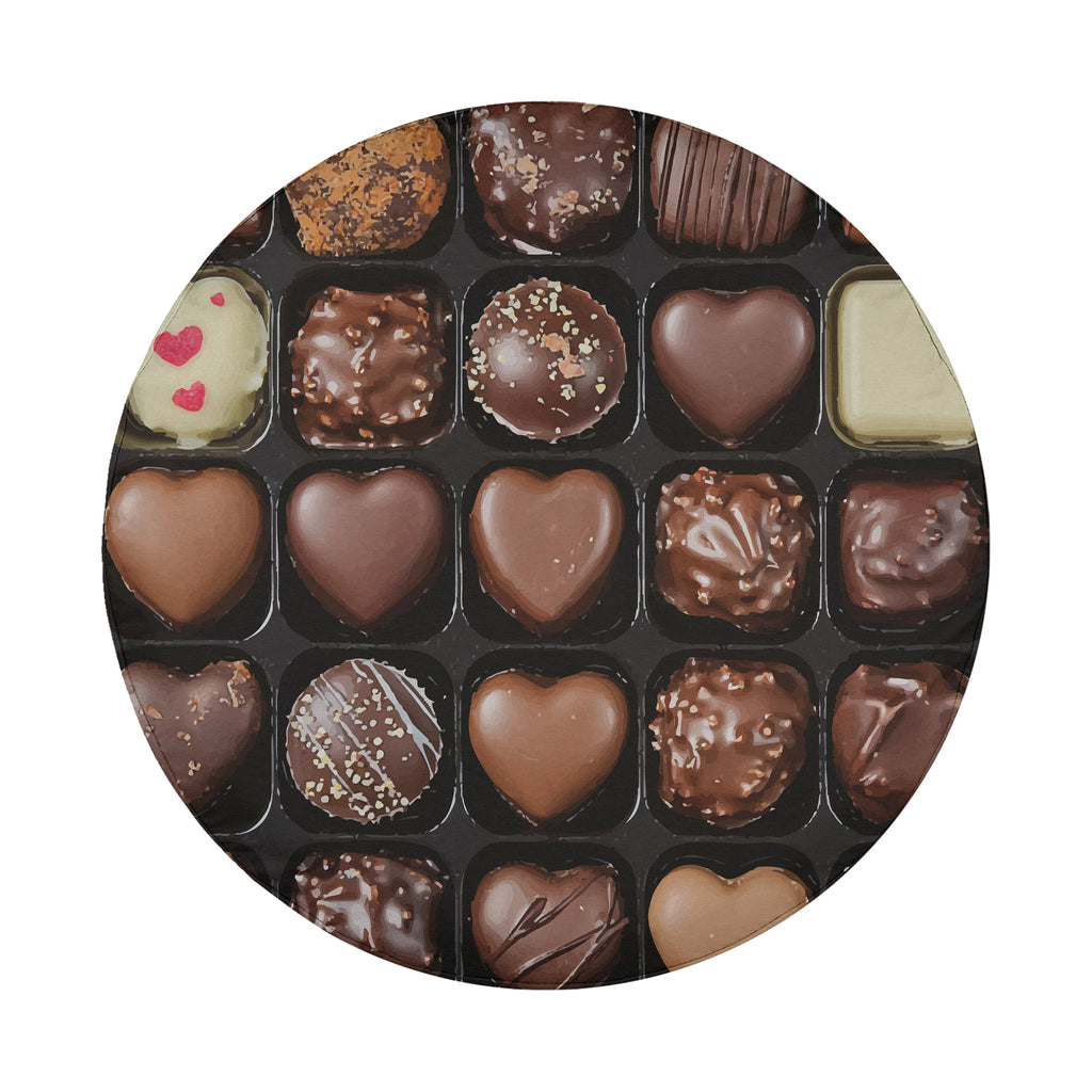Chocolate Wheel spare tire cover lifestyle scene with gourmet chocolate truffle box all-over art