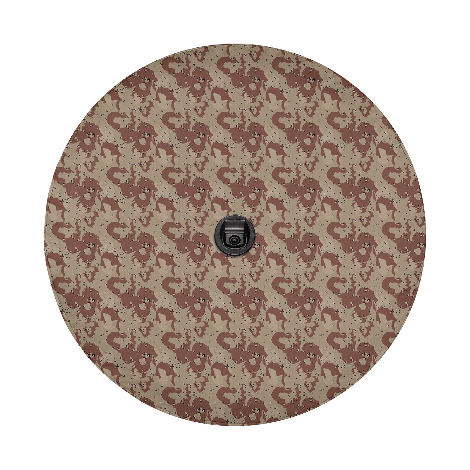 Chocolate chip desert pattern tire cover mounted on black Jeep Wrangler rear in suburban neighborhood