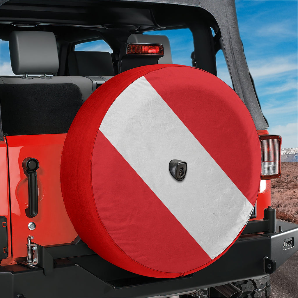SCUBA diver down flag spare tire cover side view mounted on rear of SUV with grommets