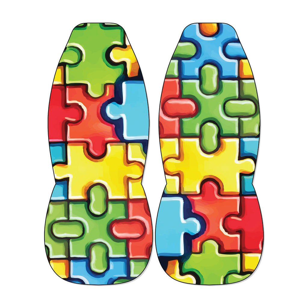 Colorful puzzle piece front car seat covers with interlocking jigsaw print on universal bucket seats