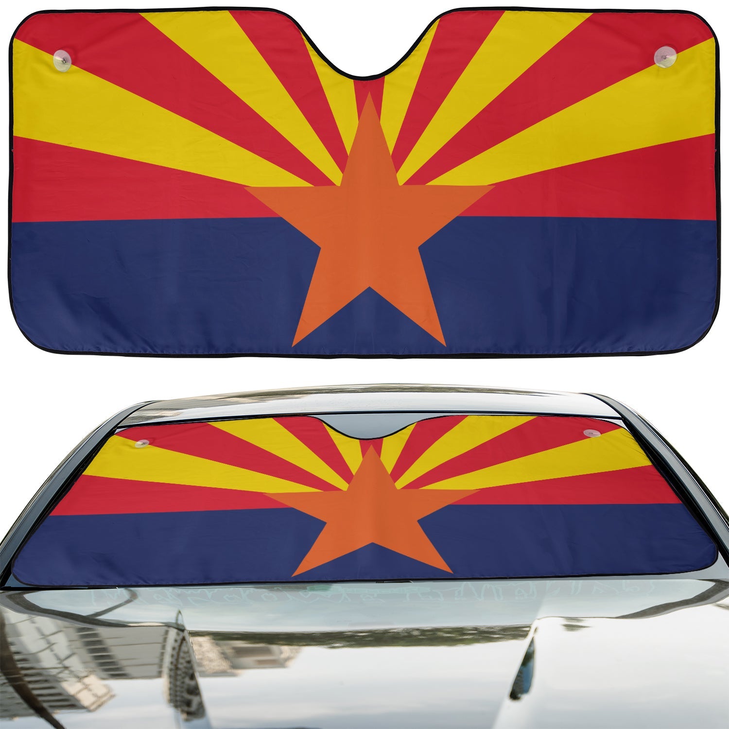 Arizona flag accordion windshield sunshade dual view flat layout and installed inside a parked car windshield