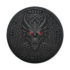 A dark, intricate circular design featuring a fierce-looking dragon head with glowing red eyes, surrounded by intricate patterns and symbols.