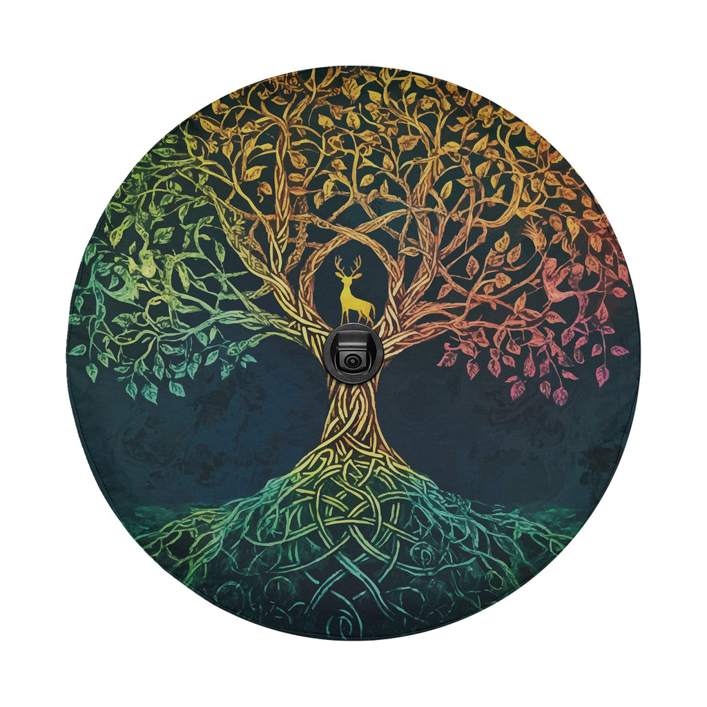 Close-up Celtic dawn tree of life spare tire cover disc with rainbow branches, deer silhouette and camera hole