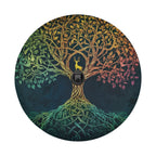 Close-up Celtic dawn tree of life spare tire cover disc with rainbow branches, deer silhouette and camera hole