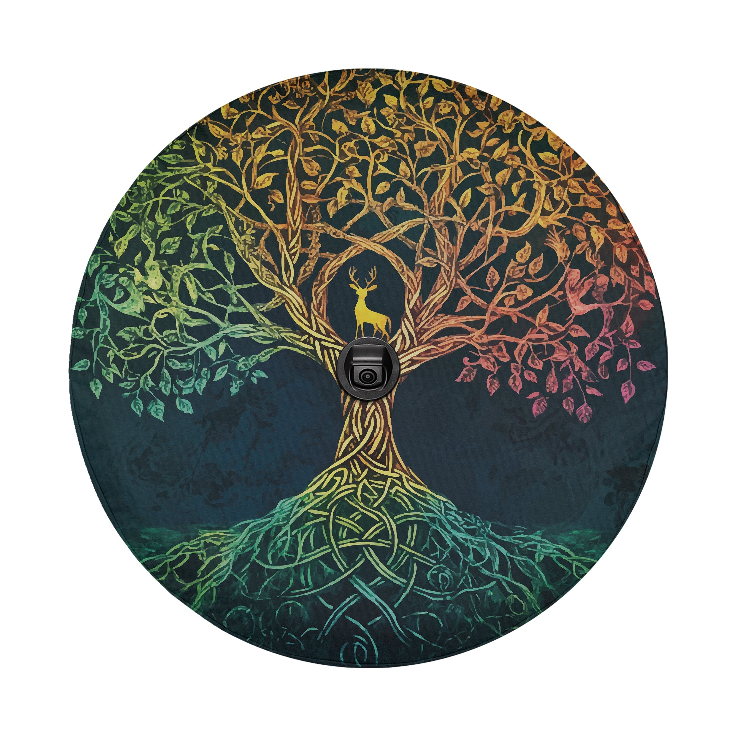 Close-up Celtic dawn tree of life spare tire cover disc with rainbow branches, deer silhouette and camera hole