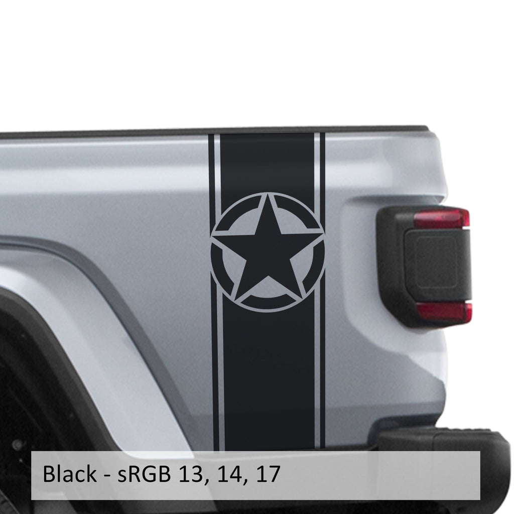 Black Alpha Romeo star bedside stripe decal pair installed on Jeep Wrangler JL pickup bed