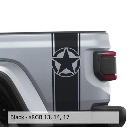 Black Alpha Romeo star bedside stripe decal pair installed on Jeep Wrangler JL pickup bed