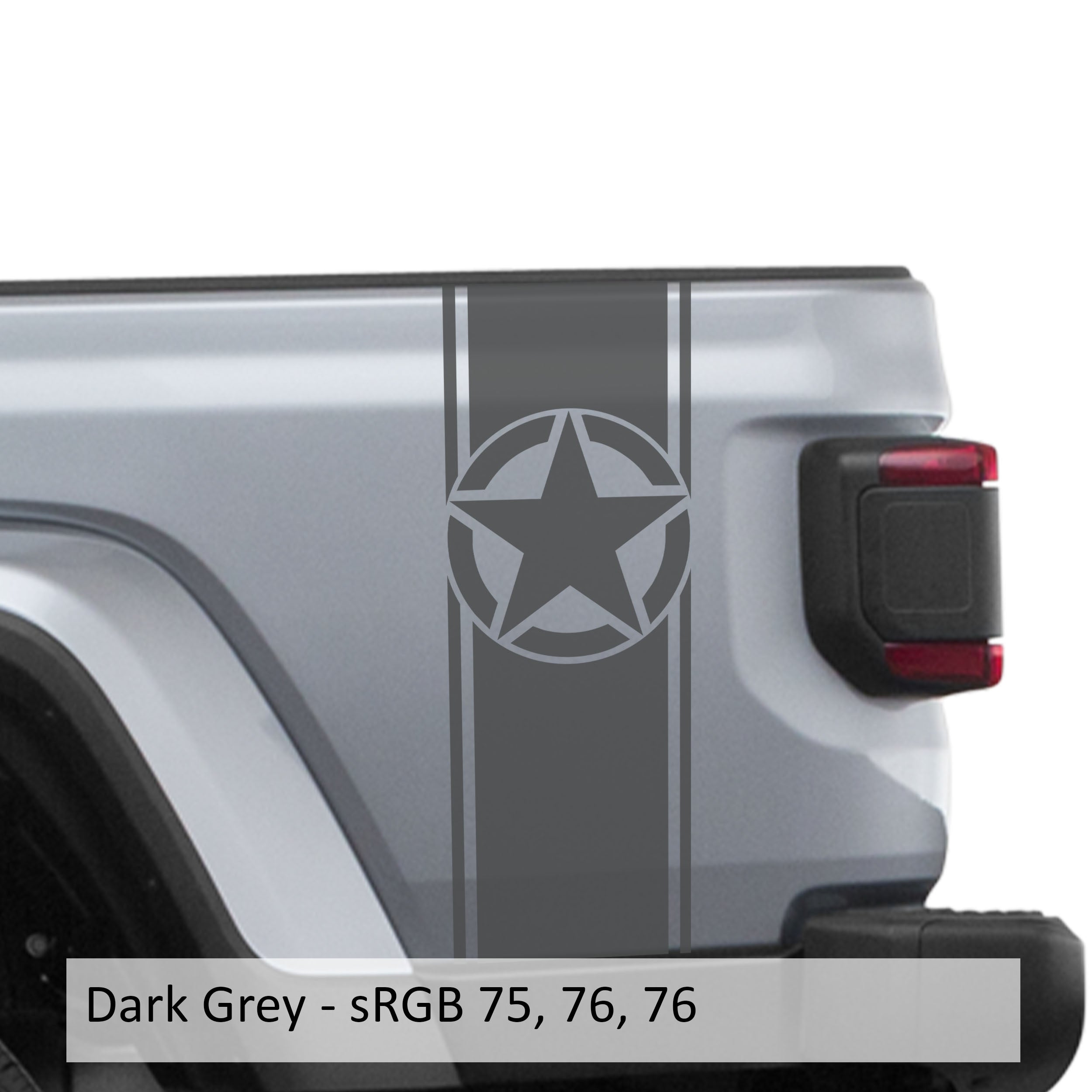 Dark gray Alpha Romeo star bedside stripe decal pair on Jeep Wrangler JL pickup bed