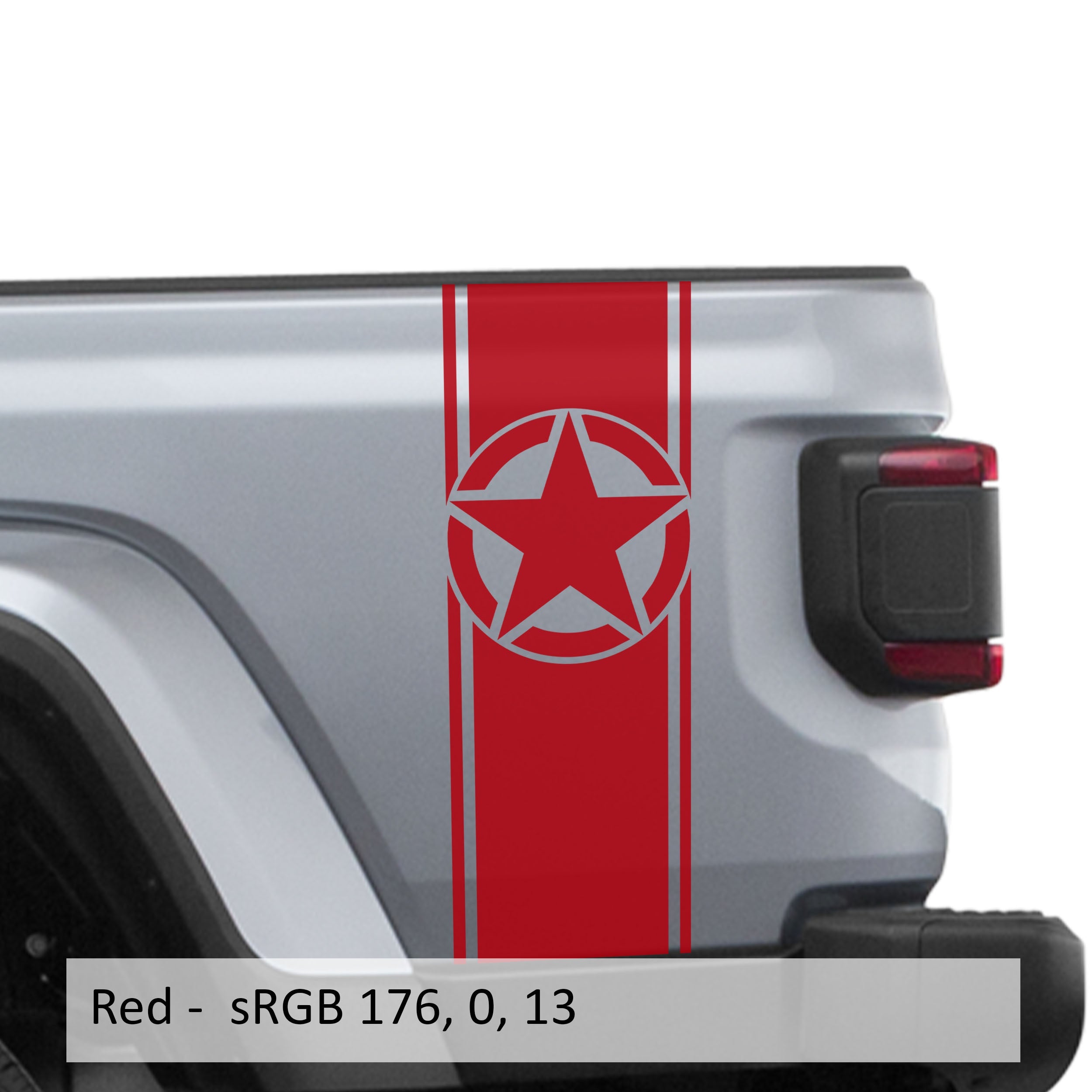 Red Alpha Romeo star bedside stripe decal pair installed on Jeep Wrangler JL pickup bed