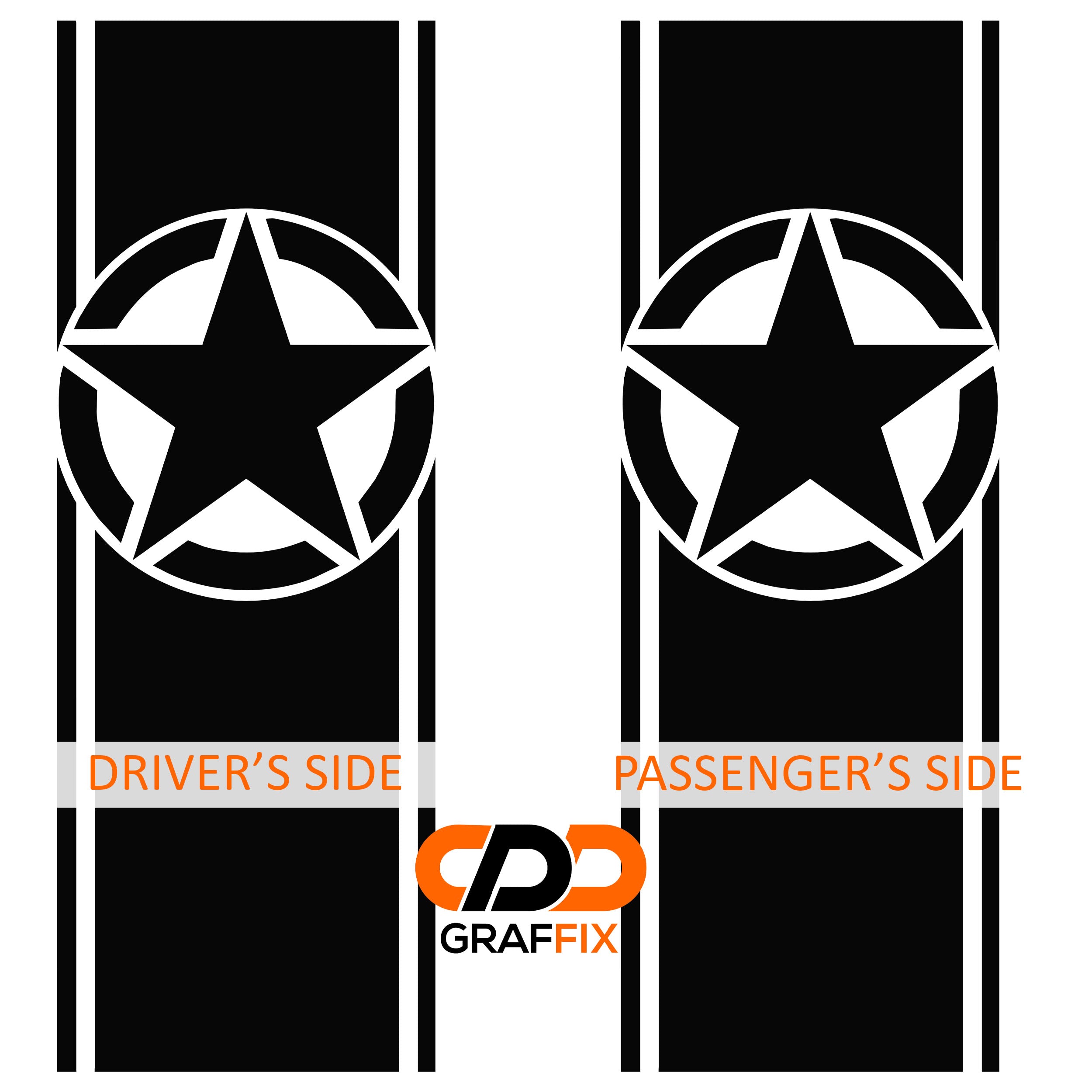 Alpha Romeo star bedside stripe decal pair flat layout with driver and passenger side labels