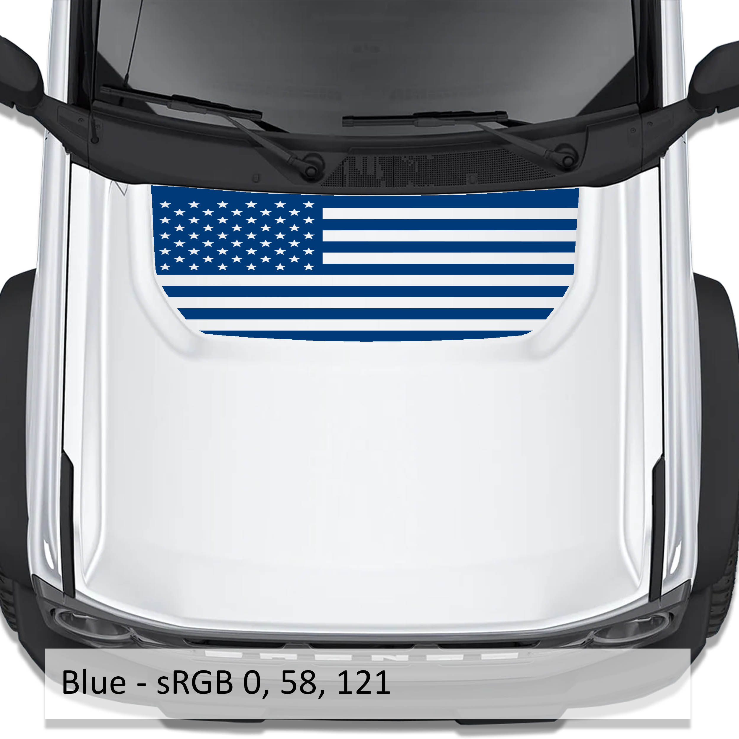 Blue American flag blackout hood vinyl decal shown installed on white Ford Bronco 2021 plus hood