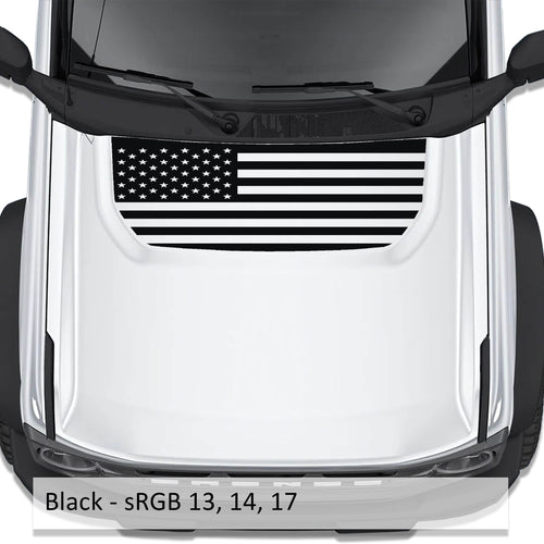 Black American flag blackout hood vinyl decal shown installed on white Ford Bronco 2021 plus model