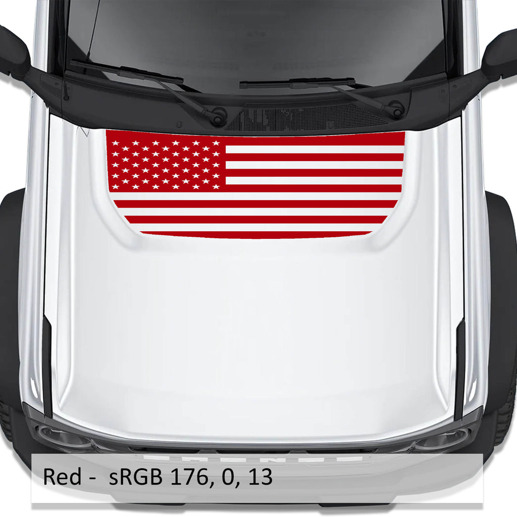 Red American flag blackout hood vinyl decal shown installed on white Ford Bronco 2021 plus model