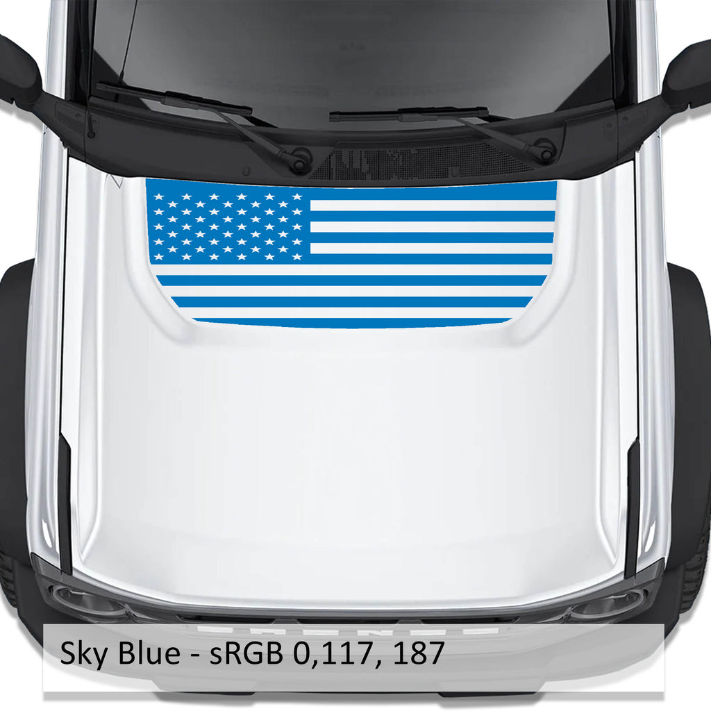 Sky blue American flag blackout hood vinyl decal shown installed on white Ford Bronco 2021 plus hood