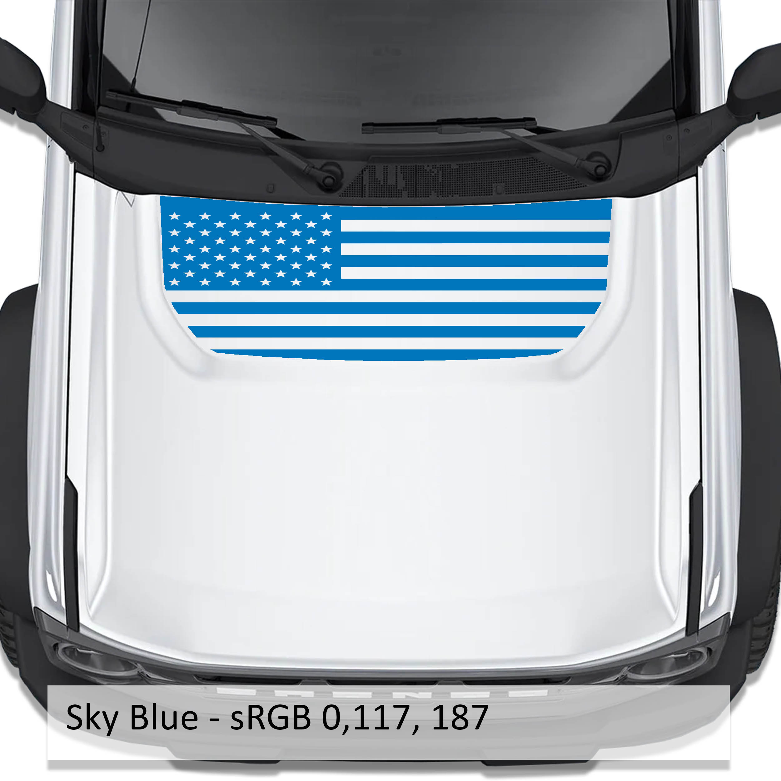 Sky blue American flag blackout hood vinyl decal shown installed on white Ford Bronco 2021 plus hood