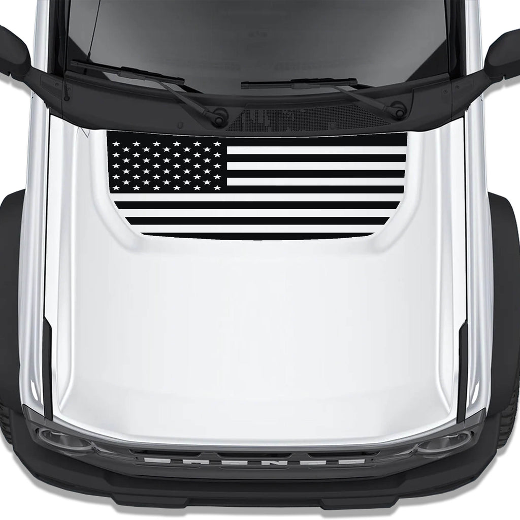 Black American flag blackout hood decal shown installed on white Ford Bronco hood top down view