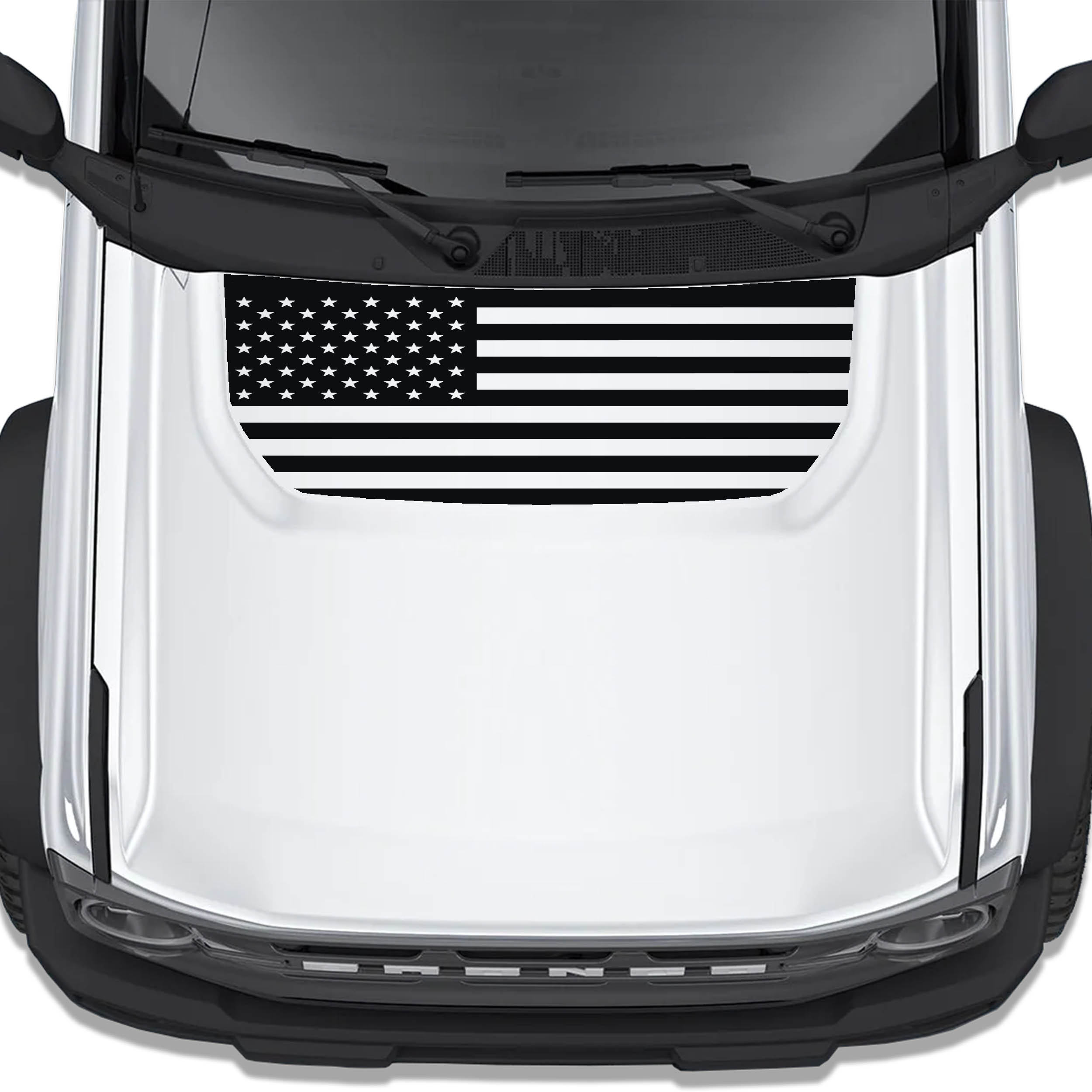 Black American flag blackout hood decal shown installed on white Ford Bronco hood top down view