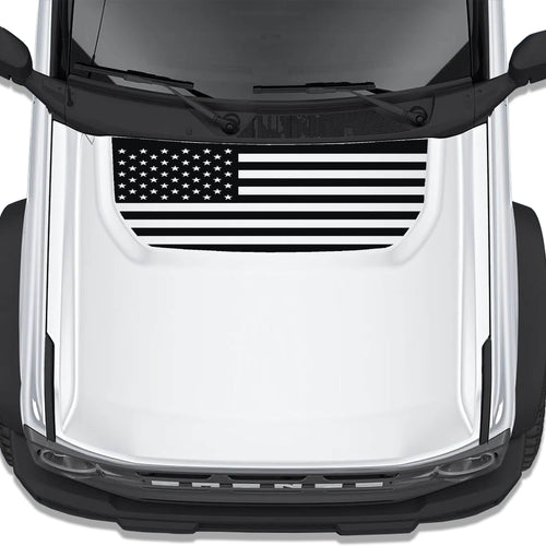 Black American flag blackout hood decal shown installed on white Ford Bronco hood top down view