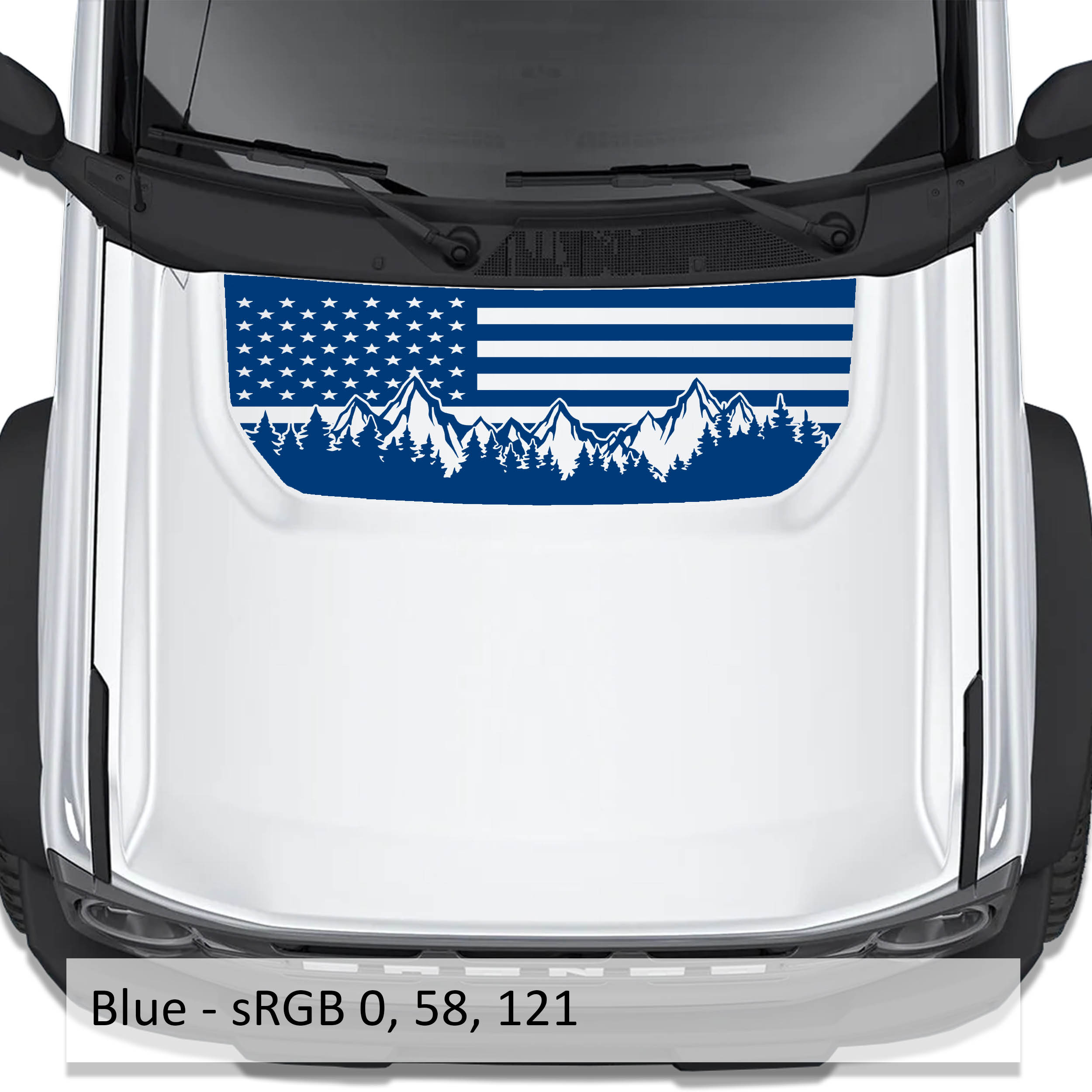 American Flag & Mountains blackout hood vinyl decal in blue shown installed on the hood of a 2021+ Ford Bronco