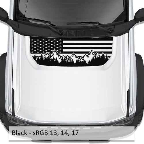 American Flag & Mountains black blackout hood vinyl decal preview displayed on the hood of a 2021+ Ford Bronco