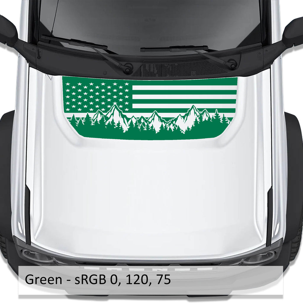 American Flag & Mountains green blackout hood vinyl decal preview displayed on the hood of a 2021+ Ford Bronco