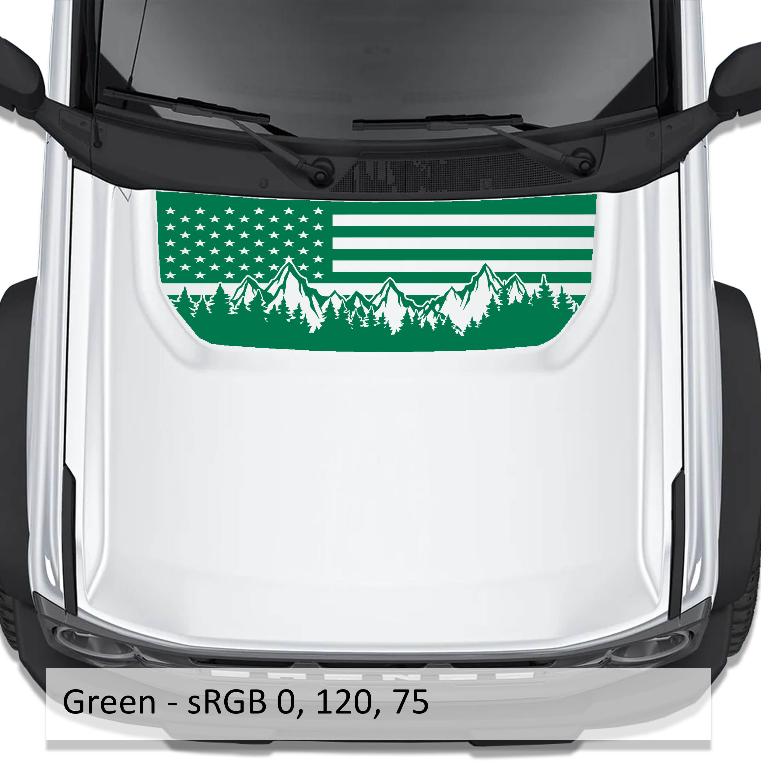 American Flag & Mountains green blackout hood vinyl decal preview displayed on the hood of a 2021+ Ford Bronco