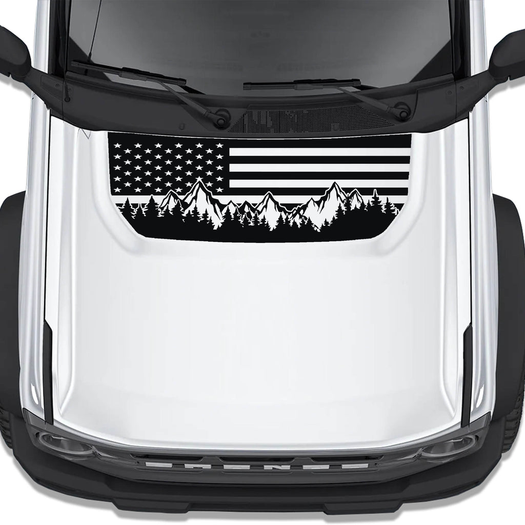 American Flag & Mountains blackout hood vinyl decal shown installed on the hood of a 2021+ Ford Bronco SUV