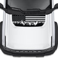 American Flag & Mountains blackout hood vinyl decal shown installed on the hood of a 2021+ Ford Bronco SUV