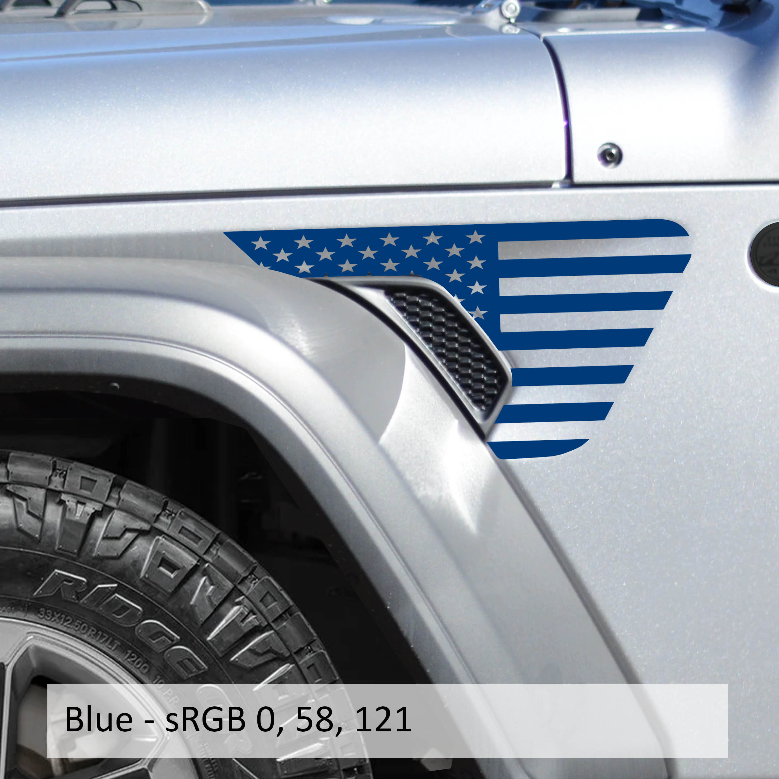 Blue American flag fender vent vinyl transfer decal pictured on Jeep JL JT billet vents
