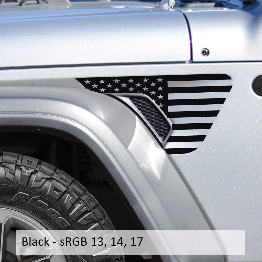 Black American flag fender vent vinyl transfer decal pictured on JL JT billet vent insert