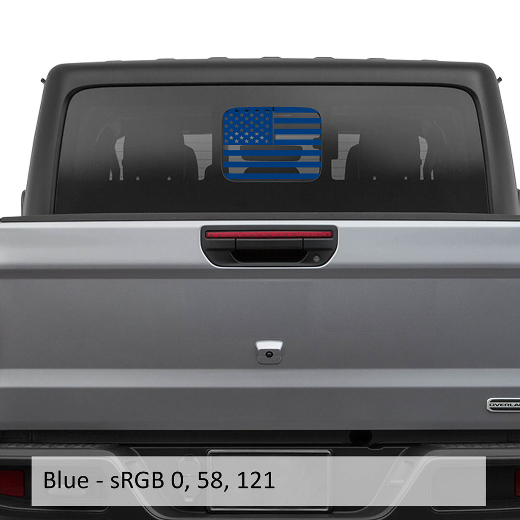 Blue American flag JT rear slide window vinyl decal installed on Jeep Gladiator hard top glass