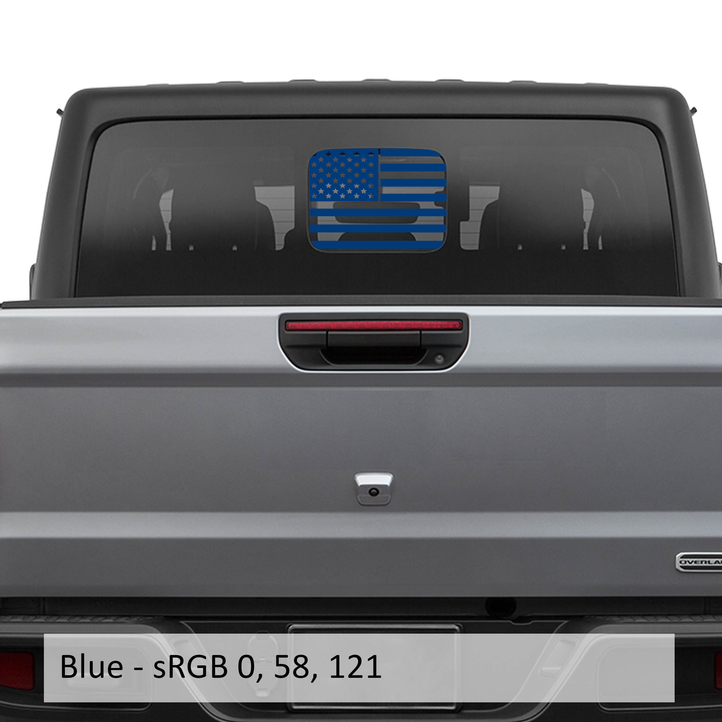 Blue American flag JT rear slide window vinyl decal installed on Jeep Gladiator hard top glass