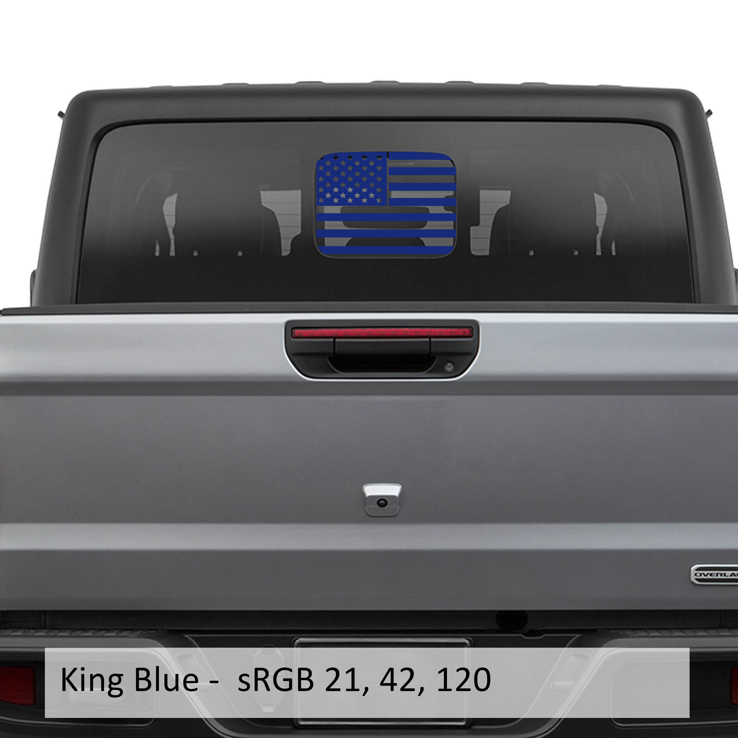 King blue American flag JT rear slide window vinyl decal installed on Jeep Gladiator hard top glass