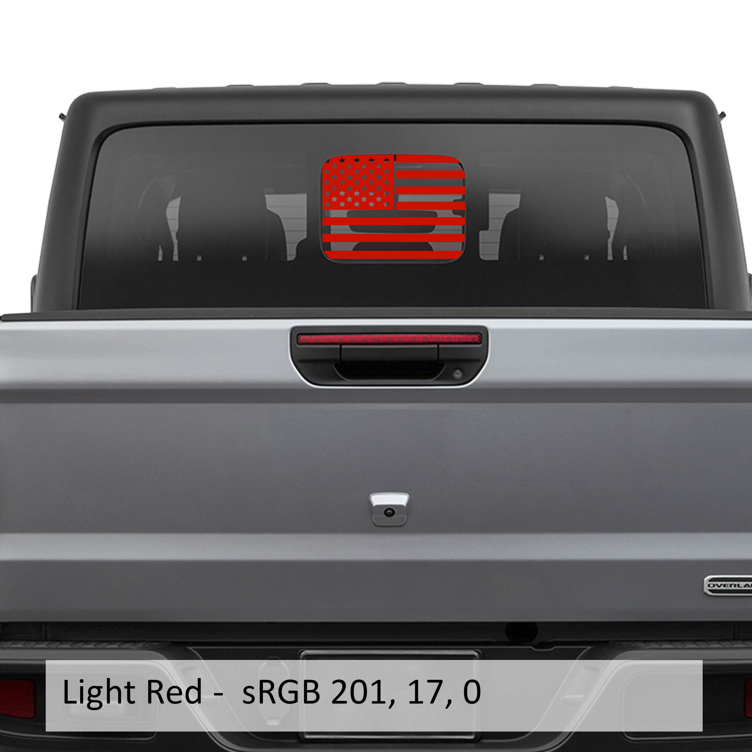 Light red American flag JT rear slide window vinyl decal installed on Jeep Gladiator hard top glass
