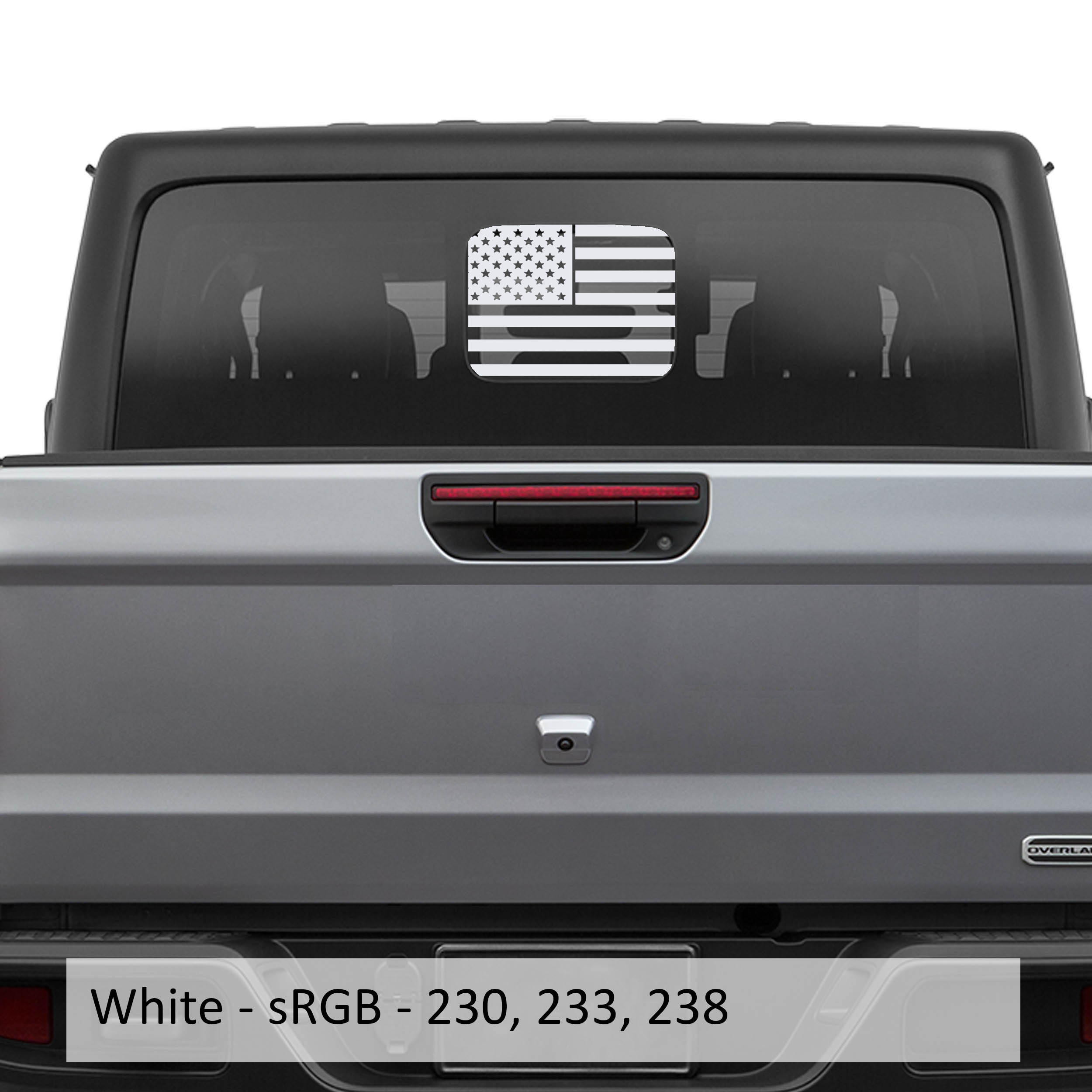 White American flag JT rear slide window vinyl decal installed on Jeep Gladiator hard top glass