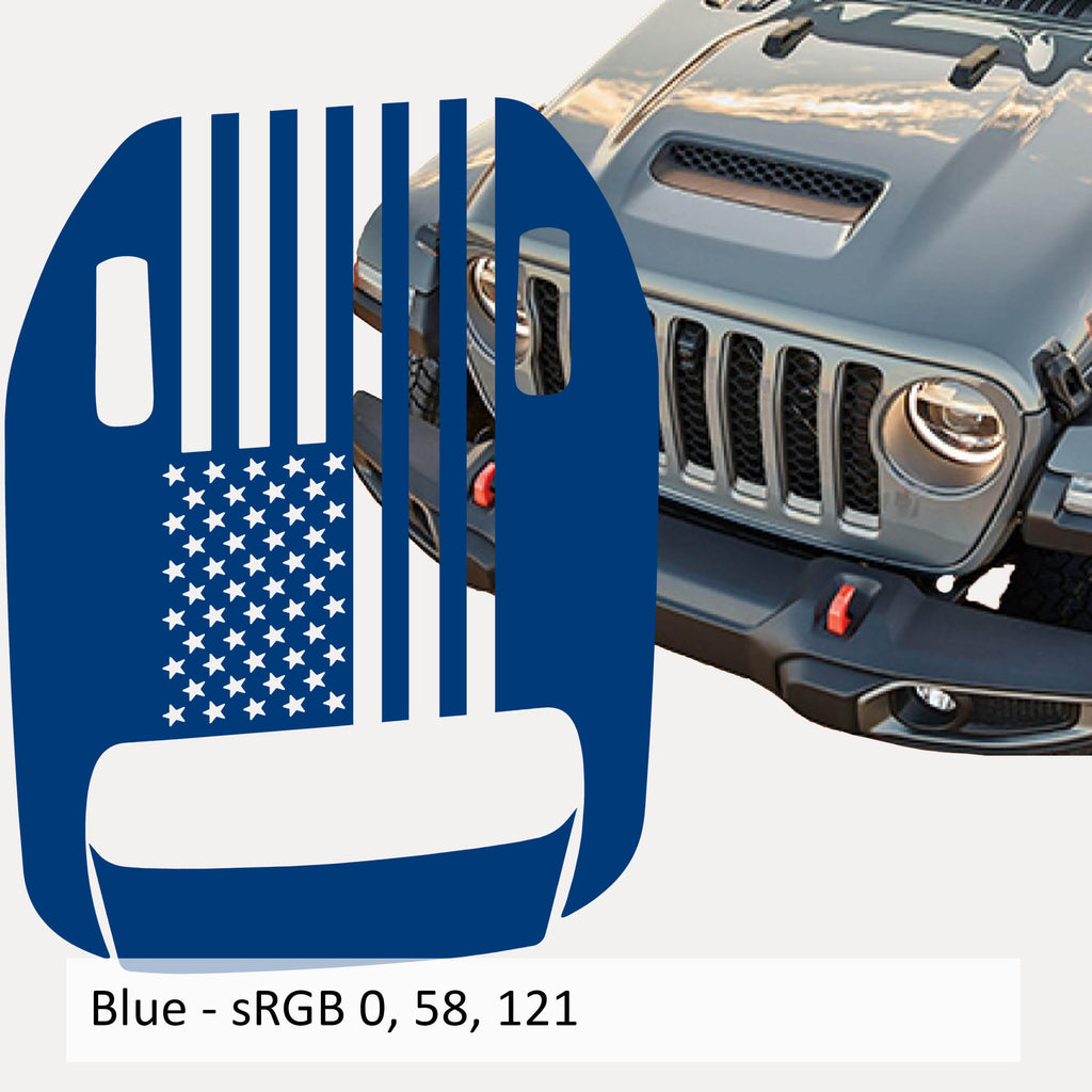 Blue American flag clawed foot hood vinyl decal mockup on gray Jeep Wrangler JL hood