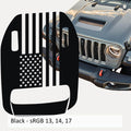 Black American flag clawed foot hood vinyl decal mockup on gray Jeep Wrangler JL hood