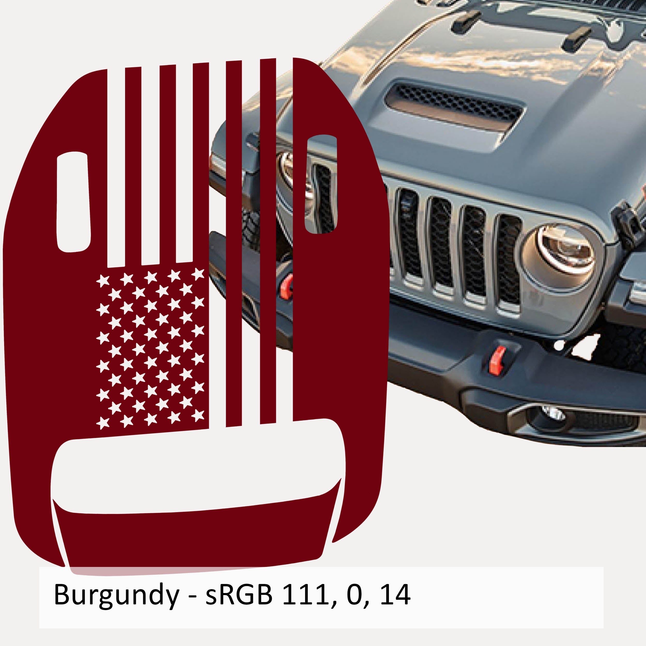 Burgundy American flag clawed foot hood vinyl decal mockup on gray Jeep Wrangler JL hood