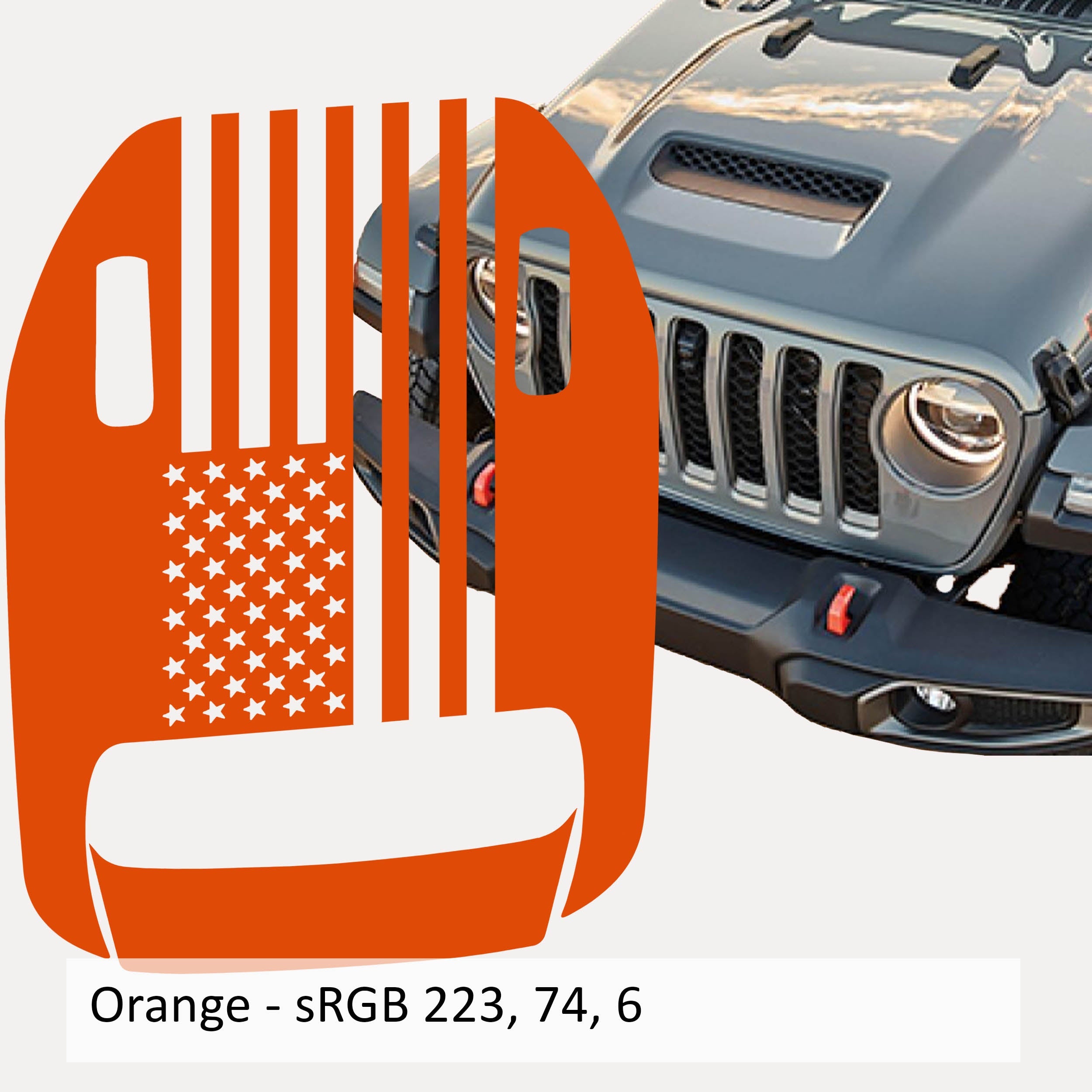 Orange American flag clawed foot hood vinyl decal mockup on gray Jeep Wrangler JL hood