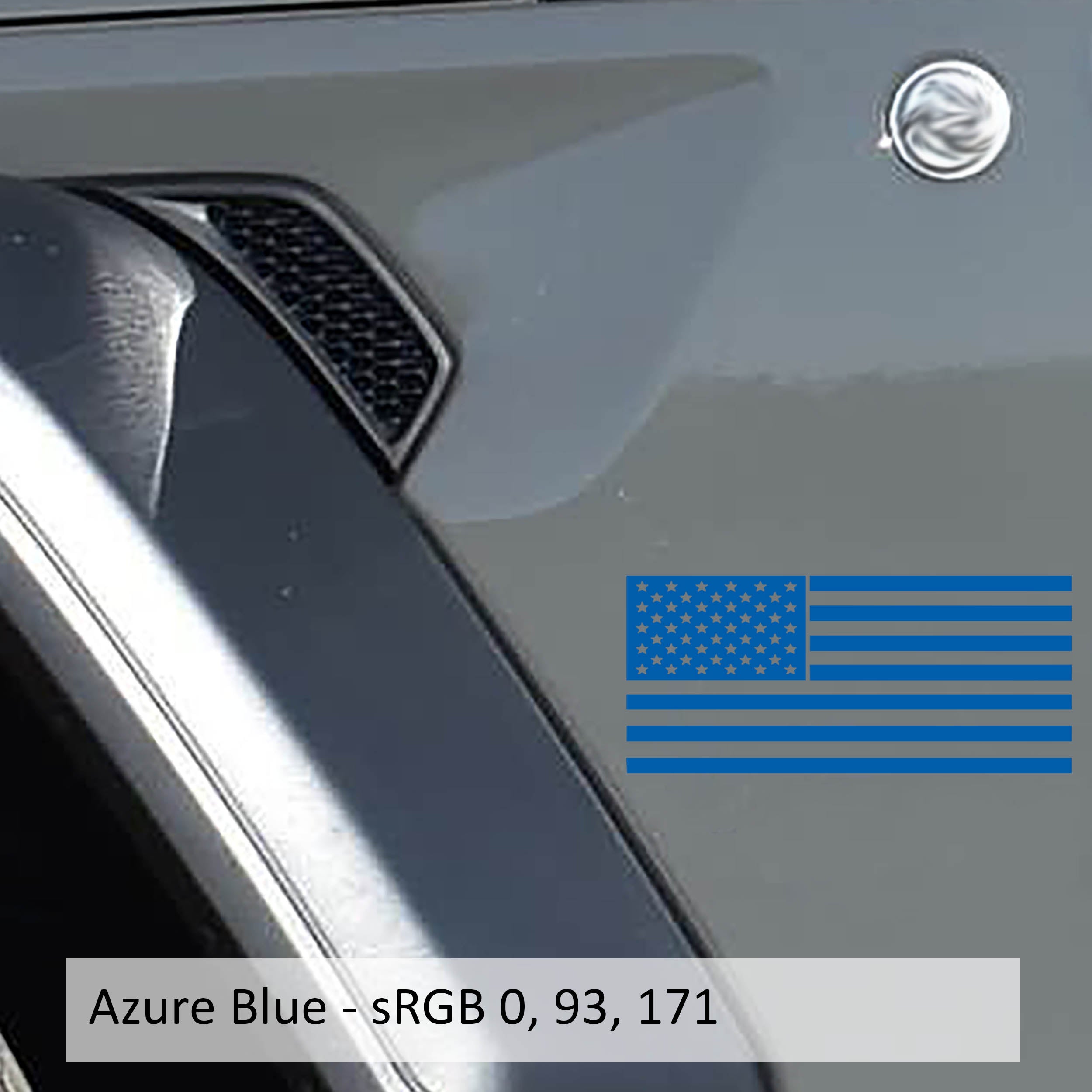Azure blue American flag fender vinyl decal shown on silver Jeep Wrangler JL fender panel