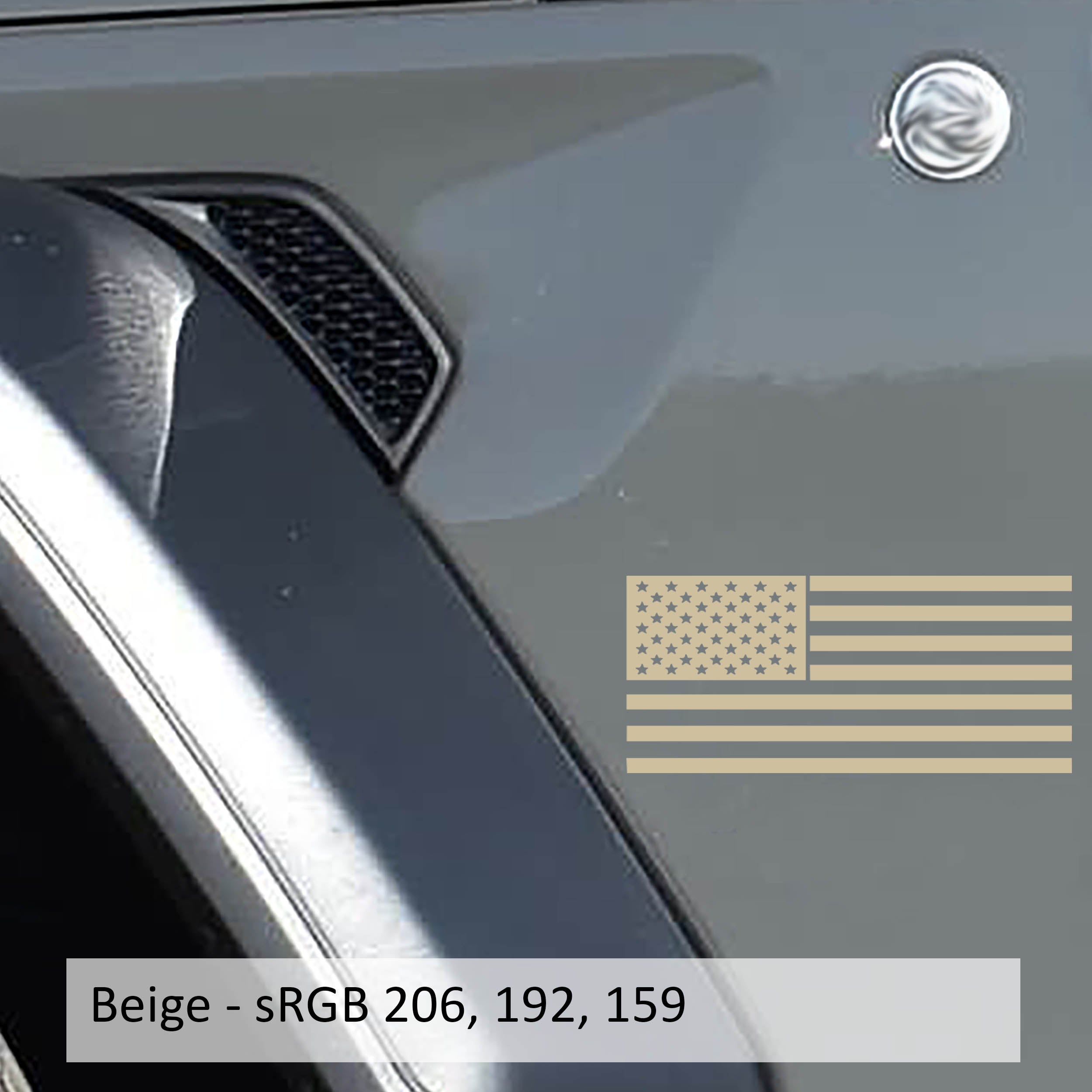 Beige American flag fender vinyl decal shown applied to silver Jeep Wrangler JL fender