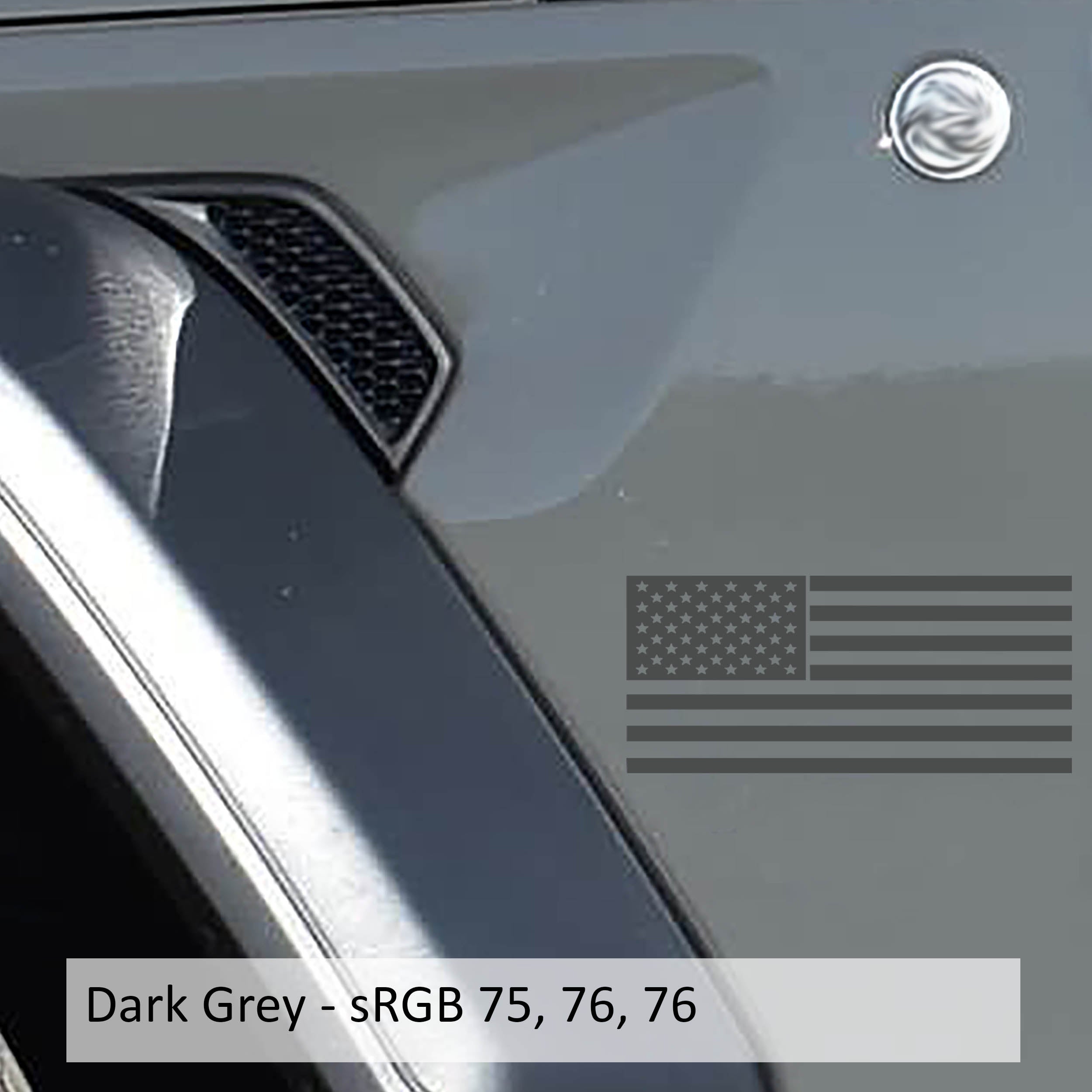 Dark gray American flag fender vinyl decal shown on silver Jeep Wrangler JL fender panel