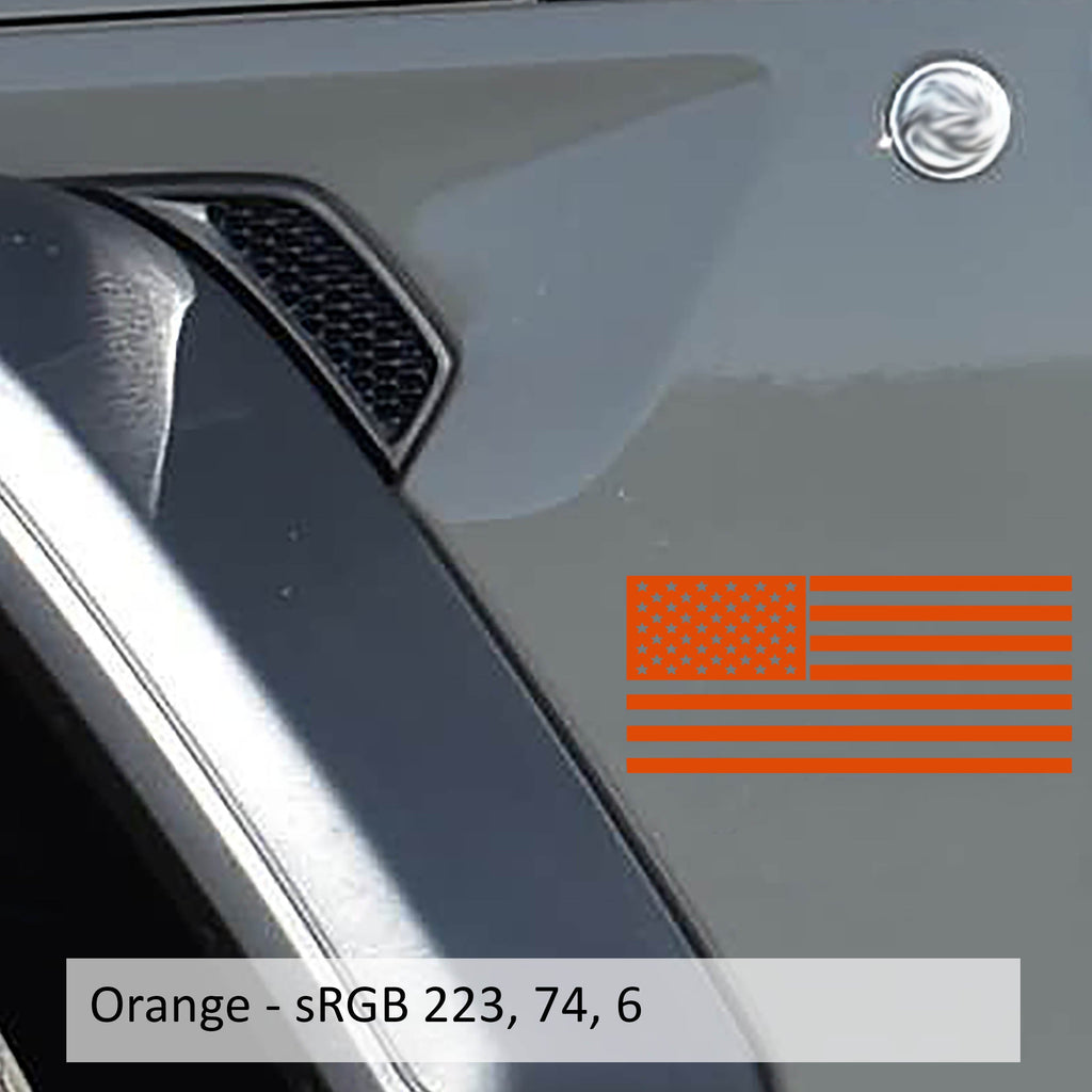 Orange American flag fender vinyl decal shown applied to silver Jeep Wrangler JL fender