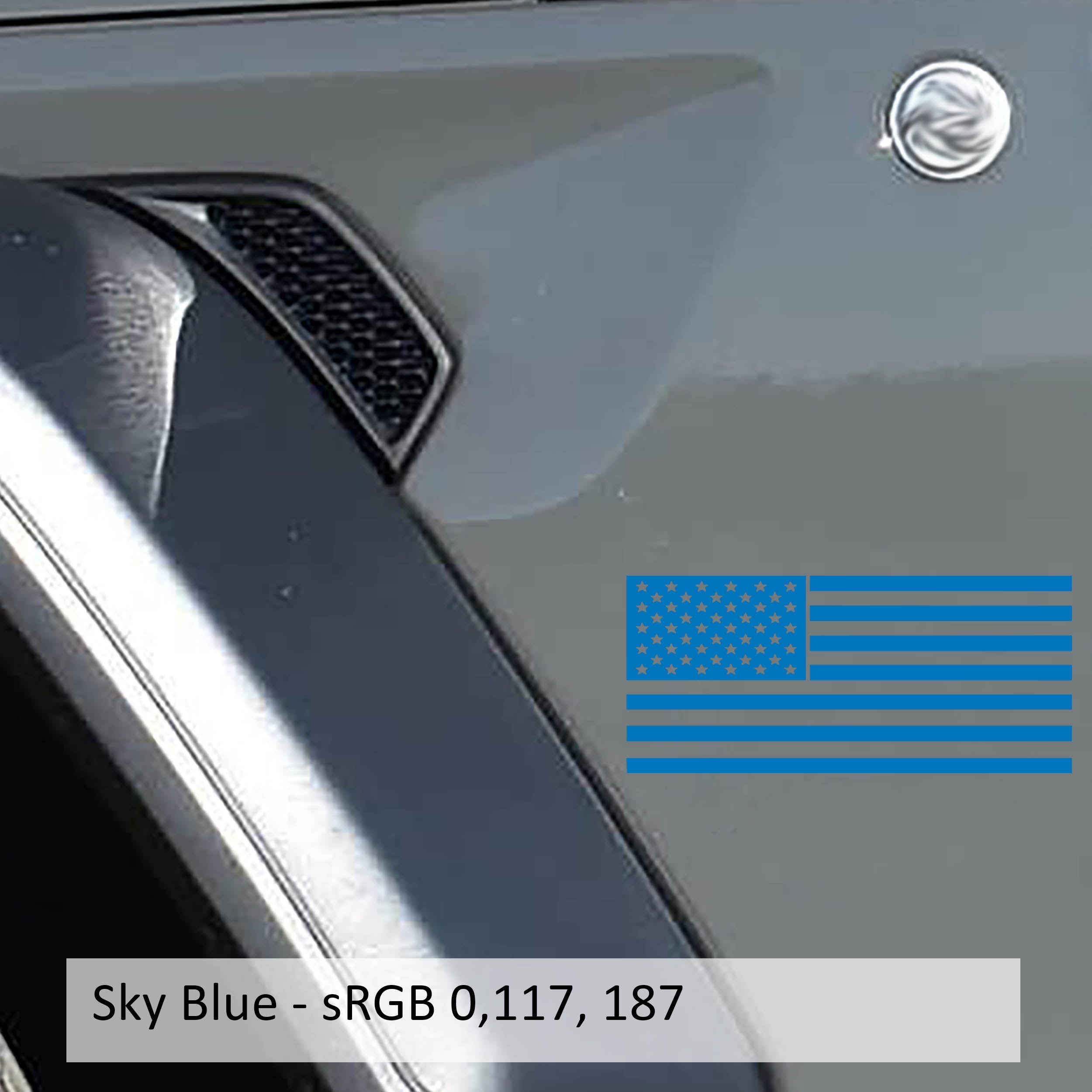 Sky blue American flag fender vinyl decal shown on silver Jeep Wrangler JL fender panel