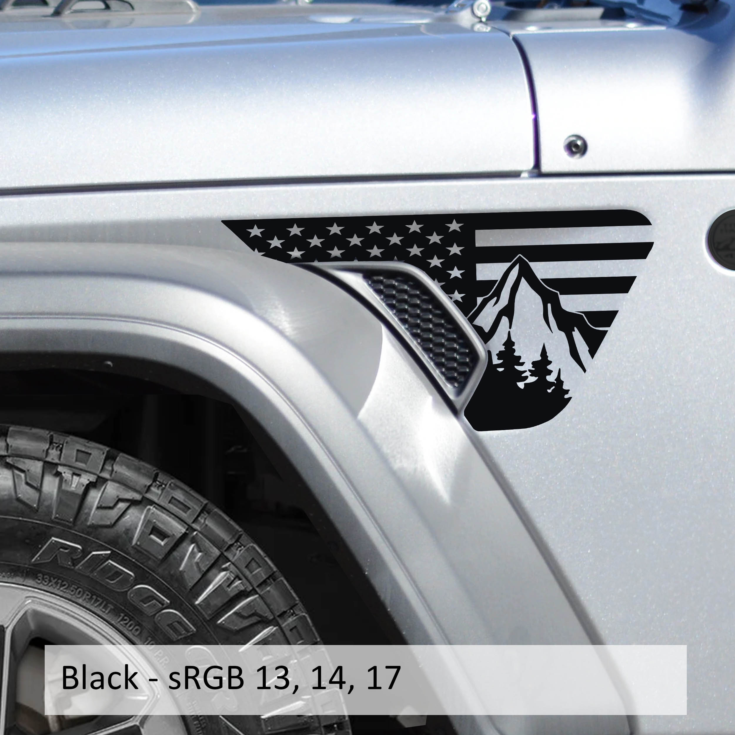 Black American flag mountains fender vent decal mounted on JL JT billet vent panel detail