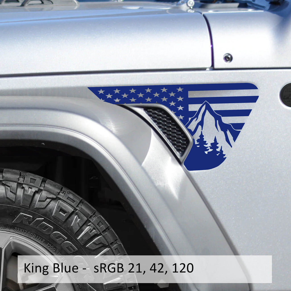 Kings blue American flag mountains fender vent decal mounted on JL JT billet vent panel