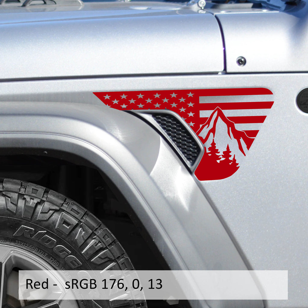 Red American flag mountains fender vent decal mounted on JL JT billet vent panel close-up